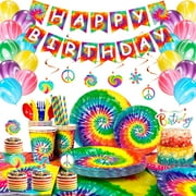 Tie Dye Birthday Party Supplies, 16 Guests Tie Dye Party Tableware Set Tie Dye Party Plates Cups Napkins Tablecloth Banner Balloon Hanging Swirl Cake Topper etc Tie Dye Birthday Decorations
