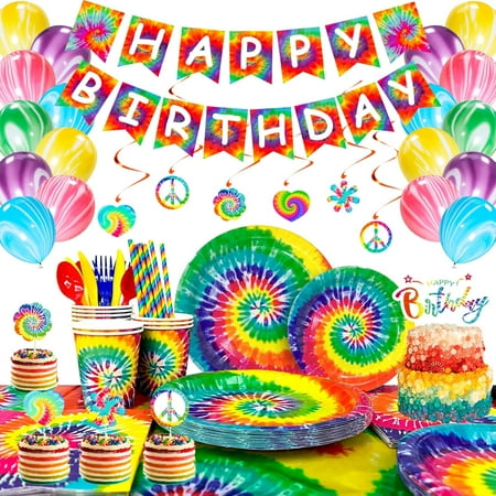 Tie Dye Birthday Party Supplies, 16 Guests Tie Dye Party Tableware Set Tie Dye Party Plates Cups Napkins Tablecloth Banner Balloon Hanging Swirl Cake Topper etc Tie Dye Birthday Decorations