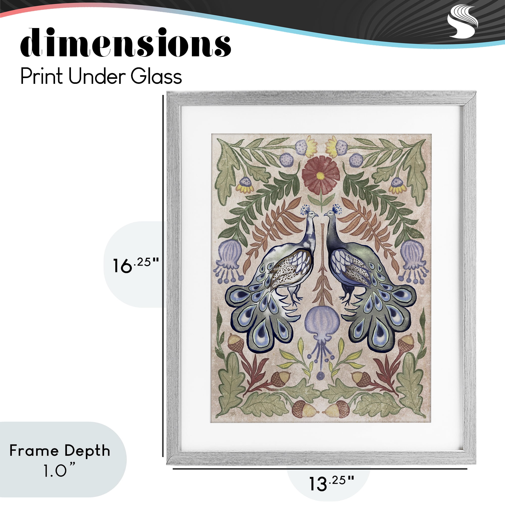 Stupell Industries Symmetrical Peacock & Flower Pattern Gray Framed Print Under Glass, design by Elizabeth Medley