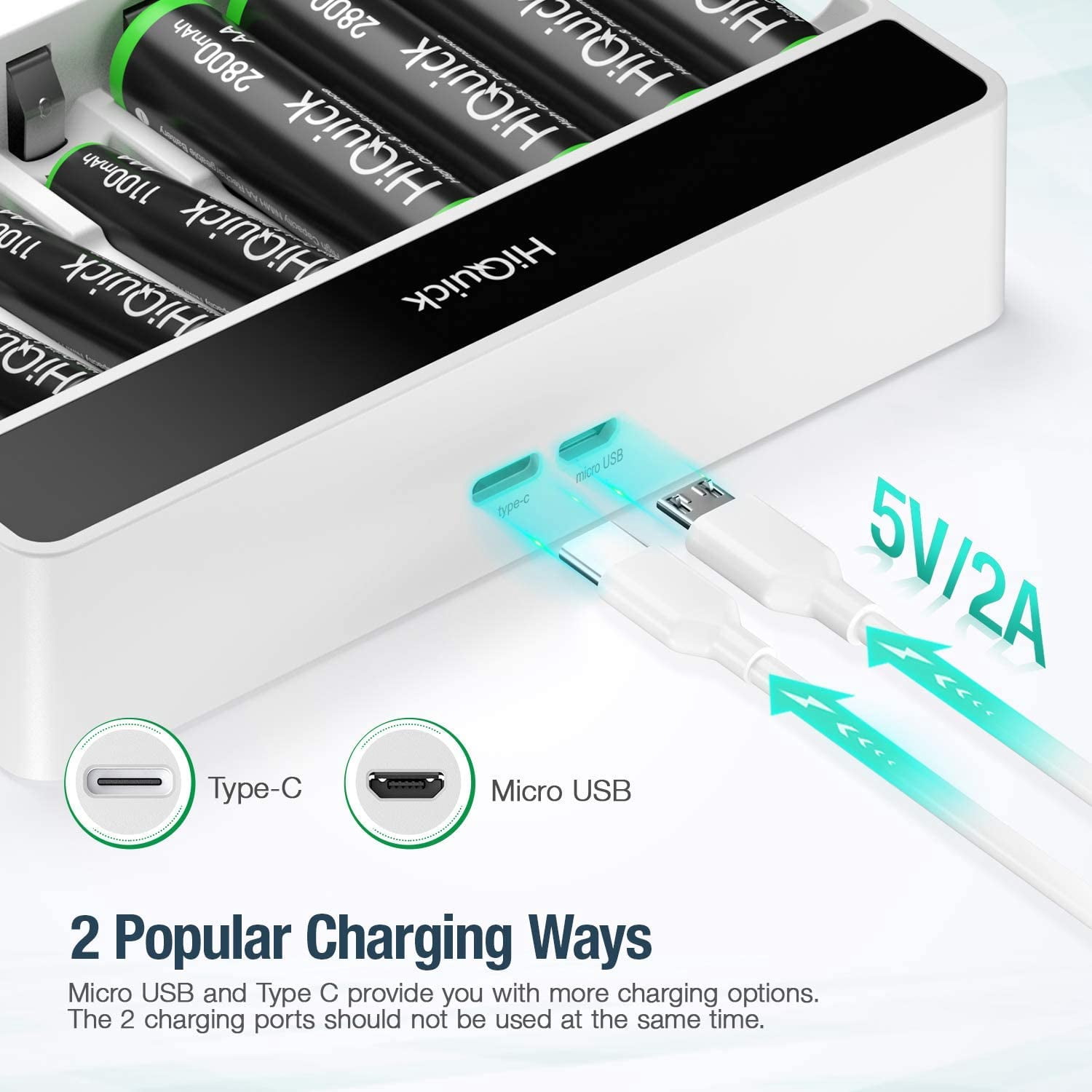 HiQuick 8-Pack Rechargeable Batteries with Charger: 8x AA 2800mAh + 4x AAA 1100mAh Ni-MH & 8-Bay Fast Charger for AA/AAA