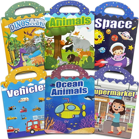 6 sets of reusable sticker books with different themes, jelly sticker books that can develop brain cognitive ability and hands-on abilityincluding (transportation, dinosaur, ocean, supermarket, anim）