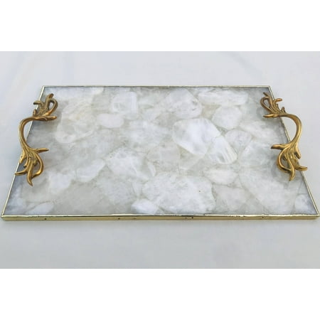 

White Agate Serving Tray With Brass Handles