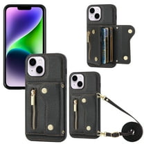 Wallet Case for iPhone 13, Classic Lychee Texture PU Leather Purse Case with Accordion Card Slots, Protective Crossbody Flip Cover with Zipper Shoulder Strap Lanyard for iPhone 13, Black