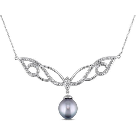 9.5-10mm Black Drop Tahitian Pearl and 1/10 T.W. Diamond 10kt White Gold Spiral Drop Necklace, 17