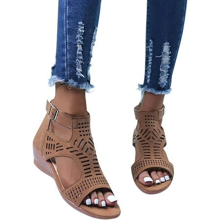 

Summer Women S Wedge Sandals Black Dressy Open-Toe Sandals Ankle Strap Hollowed Out Casual Sandals Beach Shoes Roman Retro Sandals