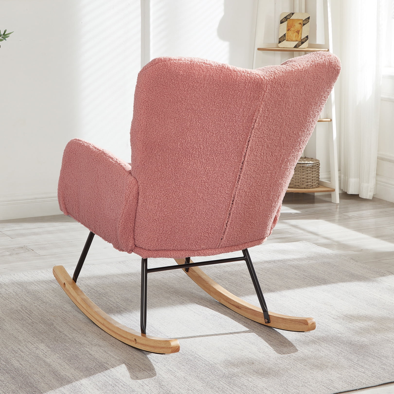 Accent Chair with High Backrest and Armrests,Glider Rocking Chair with Metal Frame,Teddy Fabric Tufted Upholstered Chair with Polyester Seat Cushion,for Living Room,300lbs Capacity,Pink