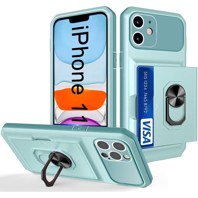AmPm iPhone 11 Case Military Shockproof with Sliding Card Slot Magnet Rotatable Kickstand Ring Holder Protective iPhone 11 Phone Case (Blue)