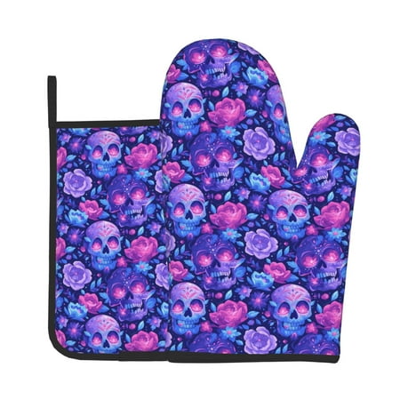 

Jgfou blue Skull purple flower1 Pattern Oven Mitts and Pot Holders Sets Heat Resistant Oven Mittens Soft Lining Extra Thicken Long Kitchen Cotton Oven Glove for Cooking