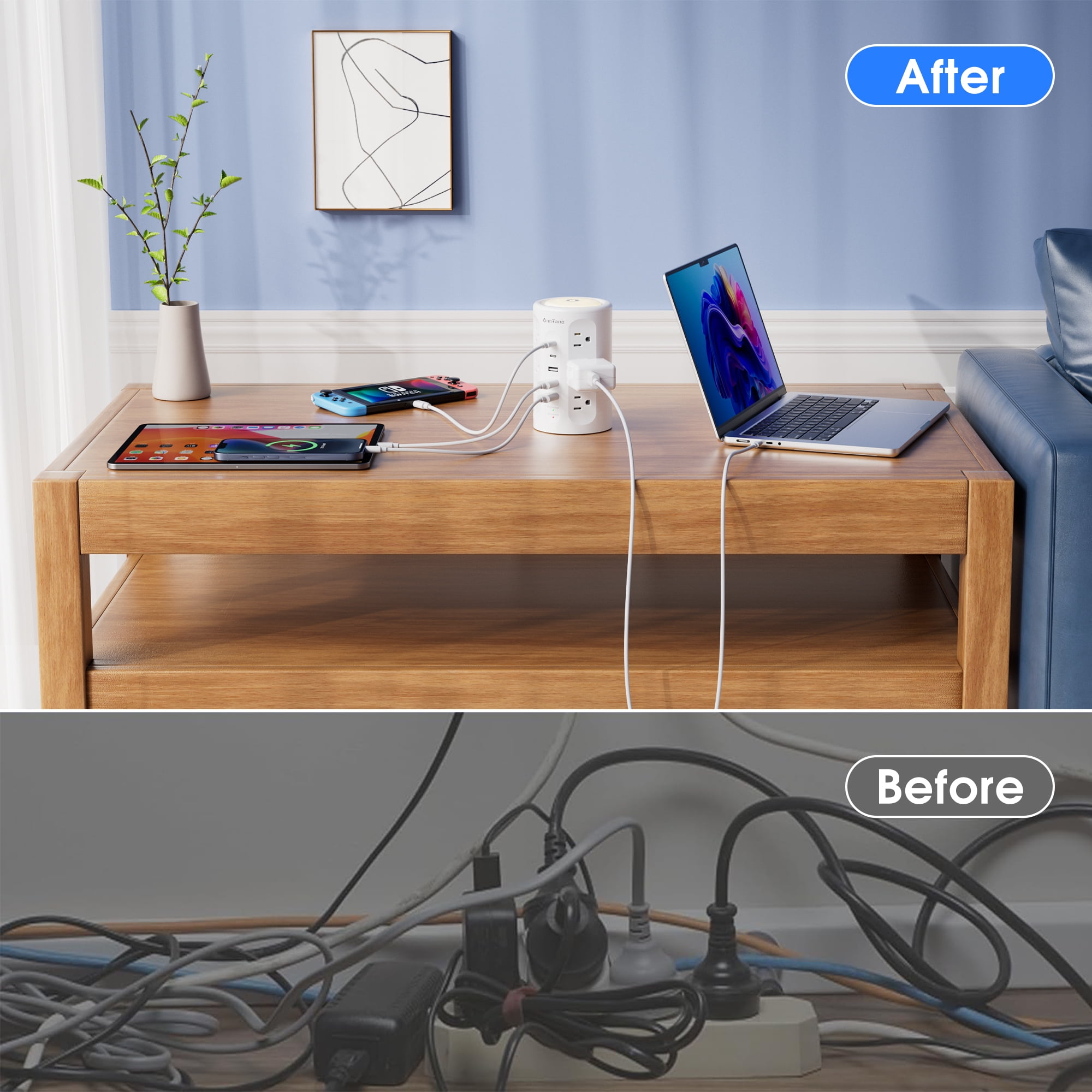 12 Outlets Power Strip Tower with Night Light, Surge Protector with 5 USB(4U+2C) Ports 10 FT Extension Cord, White