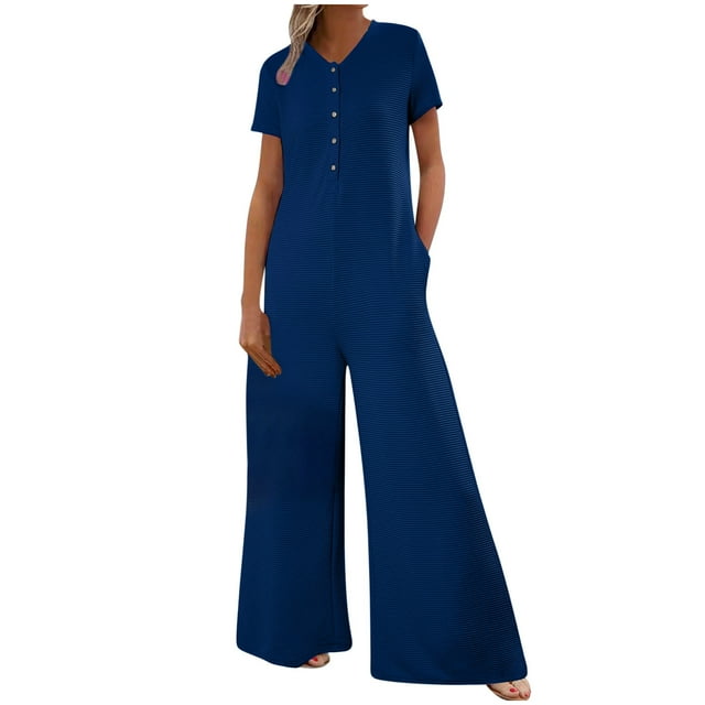 biudgviw Women's Jumpsuits Short Sleeve V Neck Half Button Textured Wide Leg Rompers Loose Casual Overalls with Pockets
