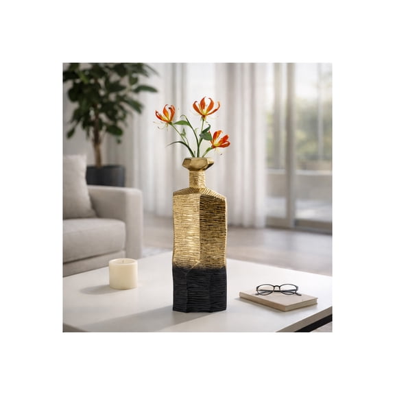 Metal Rigged Vase for Living Room Decor and Home Accents - Decorative Flower Vase for Room, Bedroom, or Office Display - Modern Glam House Display for Table Centerpiece - 20", Black & Gold