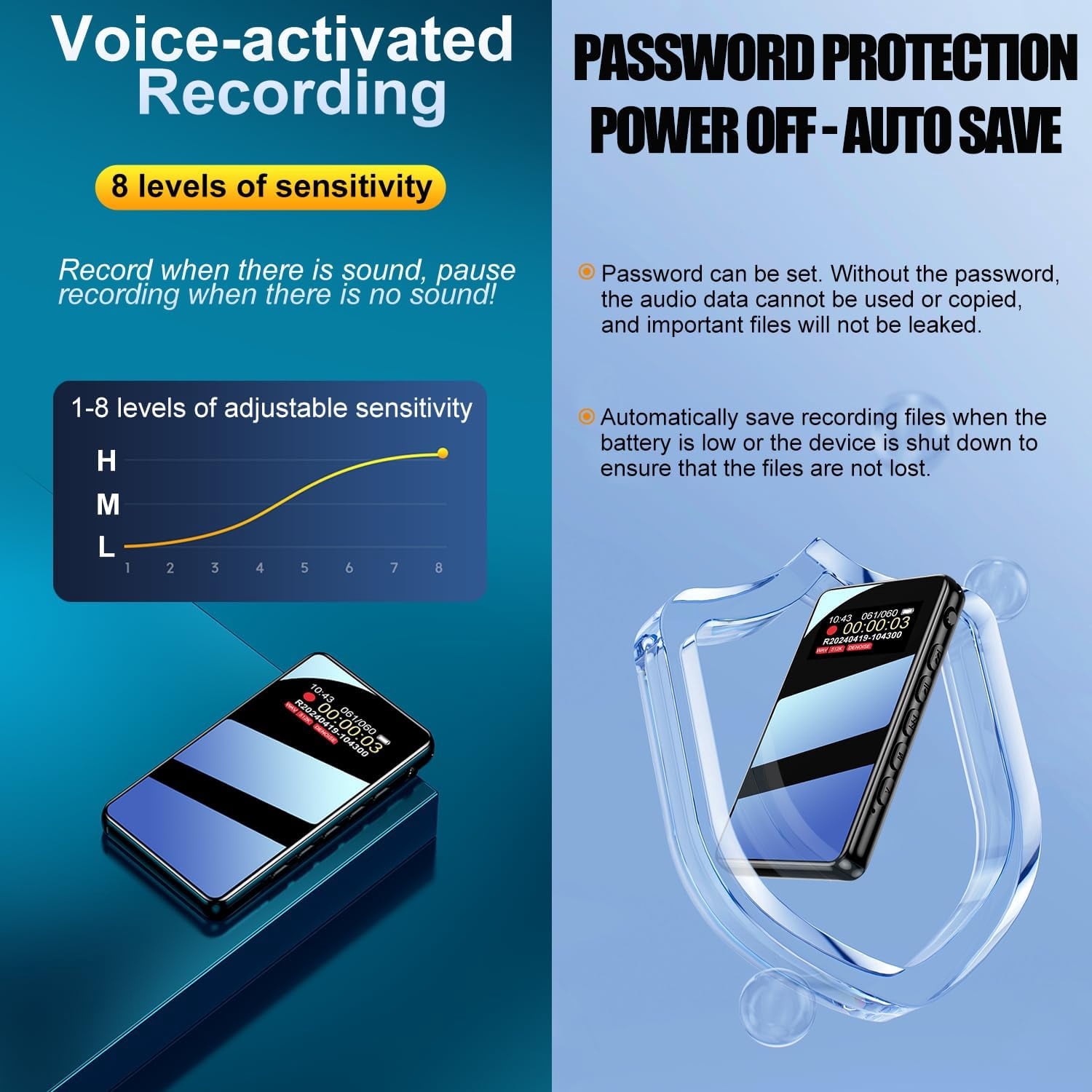 128GB Voice Activated Recorder with AI-Intelligent Triple Noise Reduction 9088 Hour Digital Voice Activated Recording Device Audio Recorder with Screen/Playback for Lectures Meetings Interviews Class