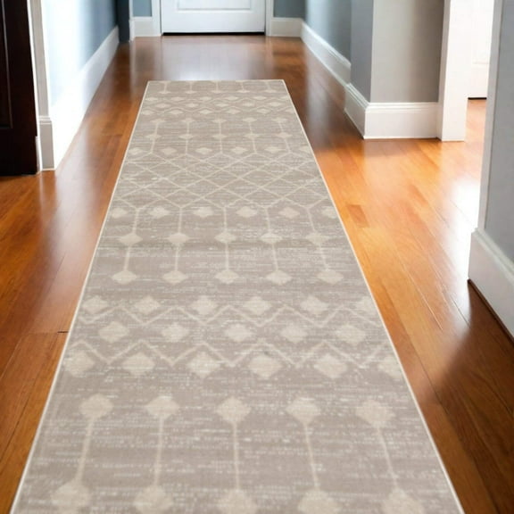 12' Beige Geometric Power Loom Runner Rug