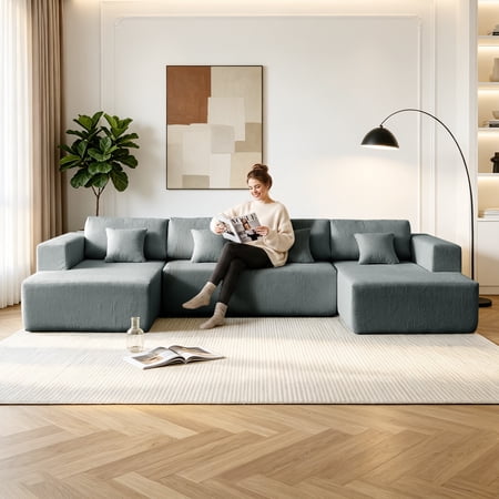 137'' U-Shaped Modular Sectional Sofa with Double Chaise Lounge, Oversized Cloud Couch Modular Sectional Sofa,Corduroy 6 Seater Compression Couch with 4 Pillows, Upholstered Deep Seating for Living
