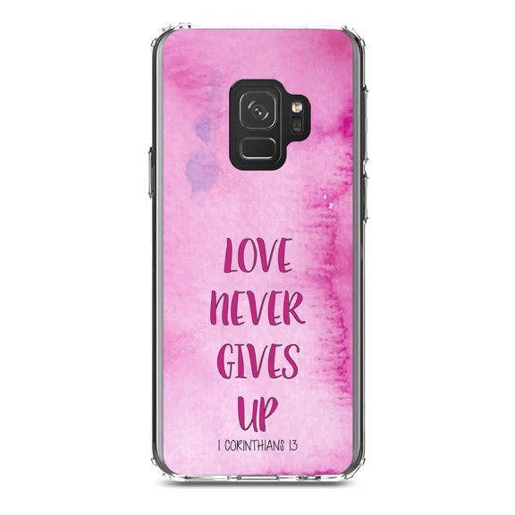 DistinctInk Clear Shockproof Hybrid Case for Samsung Galaxy S9 (5.8" Screen) - TPU Bumper, Acrylic Back, Tempered Glass Screen Protector - 1 Corinthians 13 - Love Never Gives Up - Christ