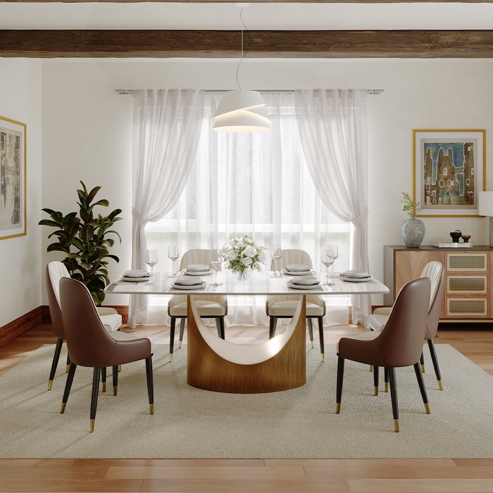 POVISON 79" Modern Dining Table for 6-8, Rectangular White Glossy Sintered Stone Dining Table with Bronze Carbon Steel Legs