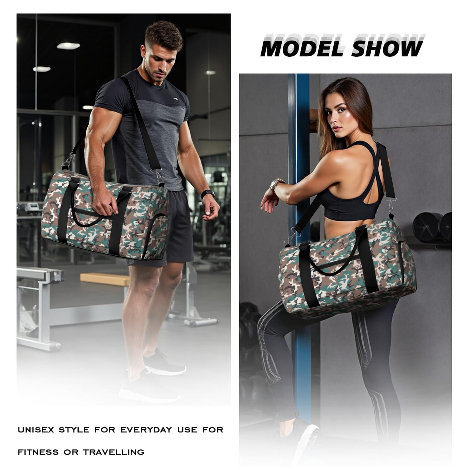 Camo Mens Gym Tote Duffle Bag with Wet Pocket & Shoe Compartment, Travel Duffel Bag Overnight Weekender Hospital Tote Girls Workout Carry on Bag with Luggage Sleeve