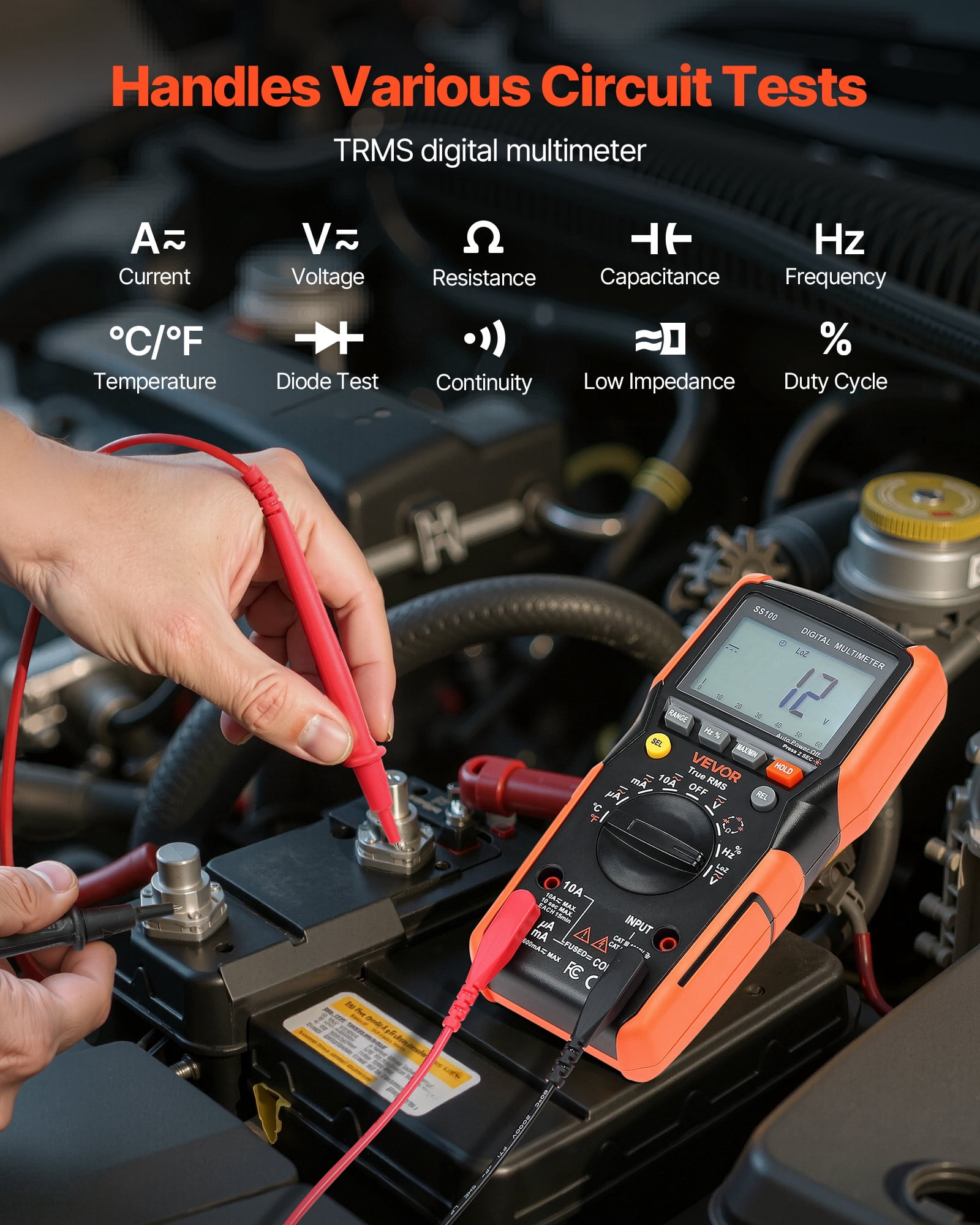 VEVOR Digital Multimeter, 6000-Count TRMS DC/AC Voltmeter Current Tester, Auto-Ranging Multimeter for Current Voltage Resistance Capacitance Temperature Diodes Continuity Low Impedance Measurment