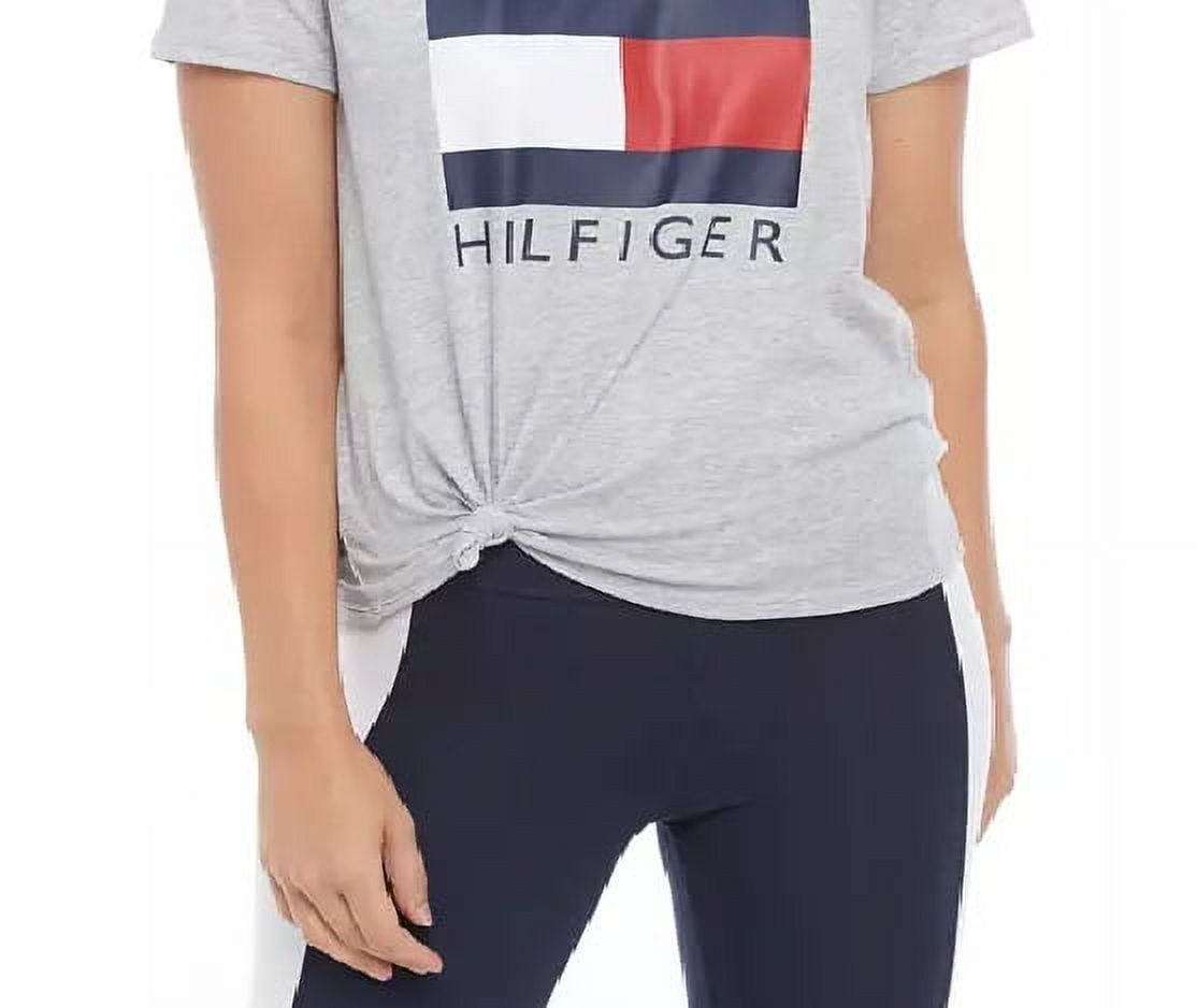 Tommy Hilfiger Women\'s Sport Logo Knot-Front T-Shirt Gray Size Small