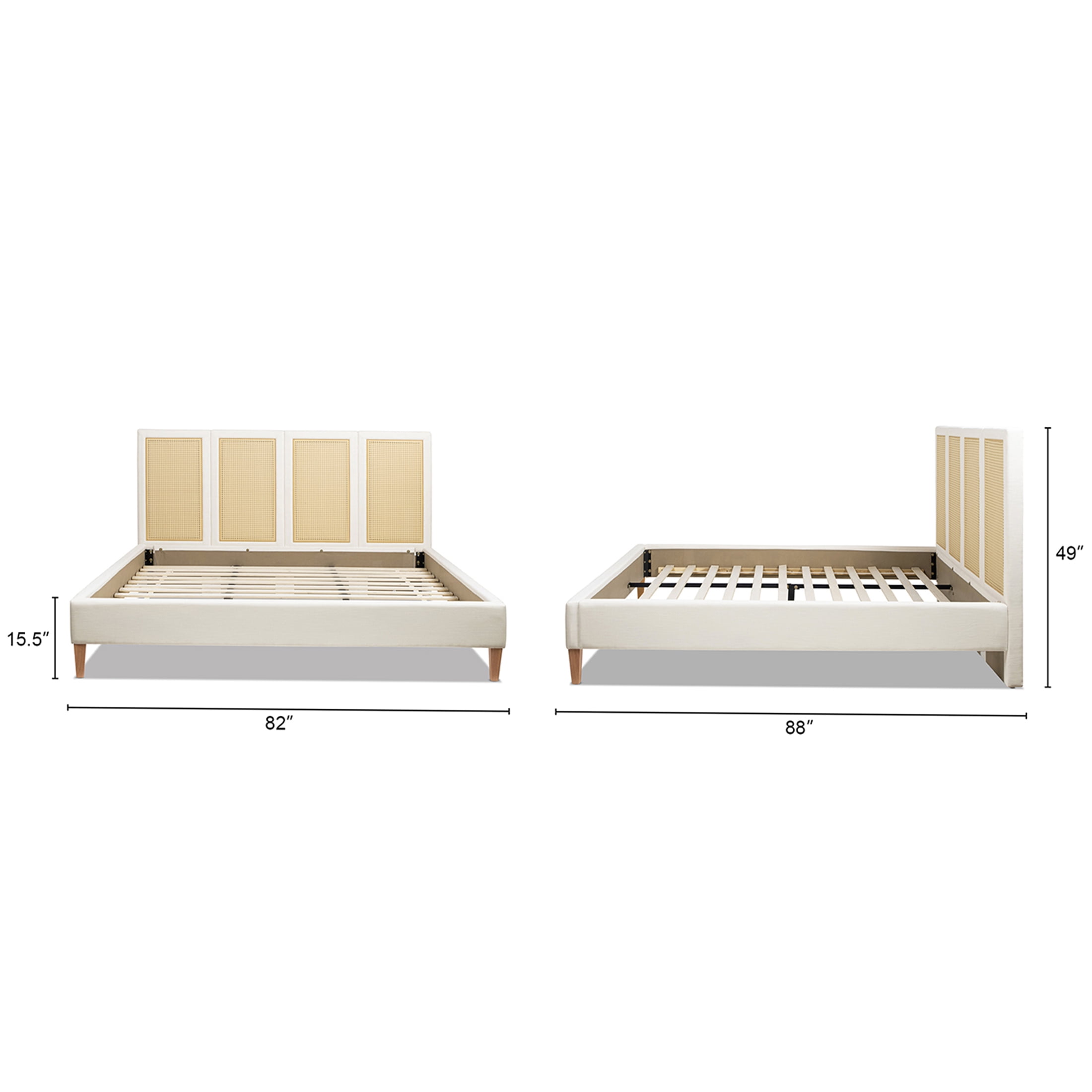 JERFIT King Size Upholstered Platform Bed Frame with Cane Rattan Headboard, Bohemian Coastal Bedroom Furniture in Antique White