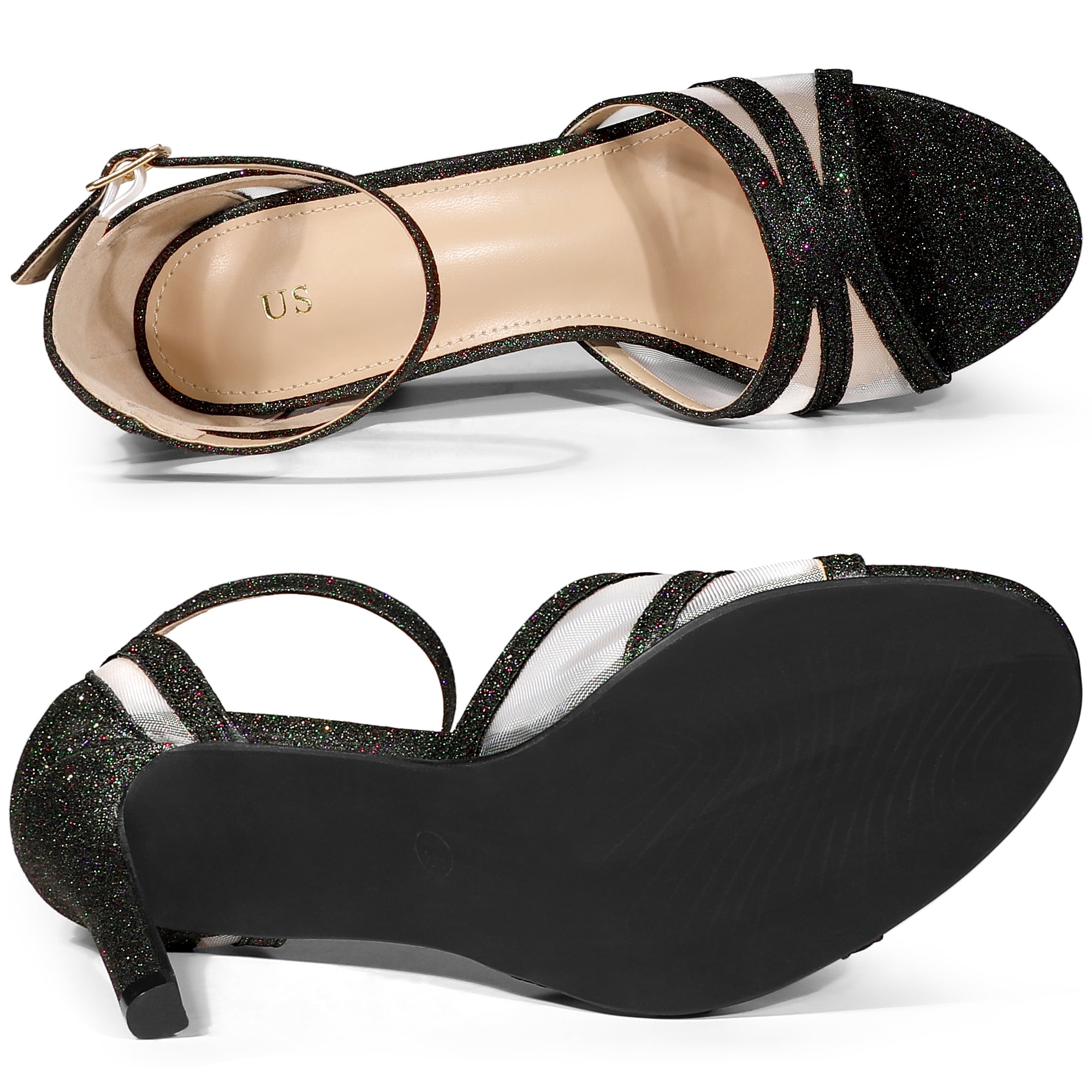 DARING DIVA Women's Glitter Ankle Strap Stiletto Heels Sandals Black 9
