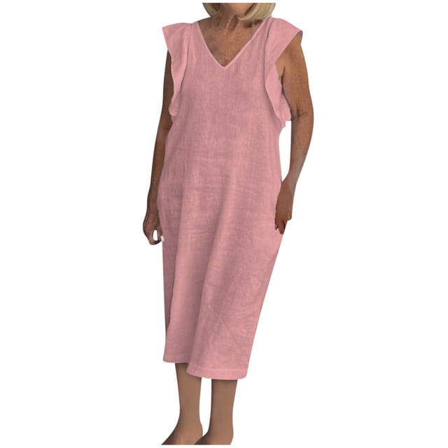 Staron Robe Femme à Manches à Volants Boho à Col en V Robe Décontractée de Printemps Couleur Unie Fluide Évasée Ample Sans Manches Robes d'Été Rose TTG