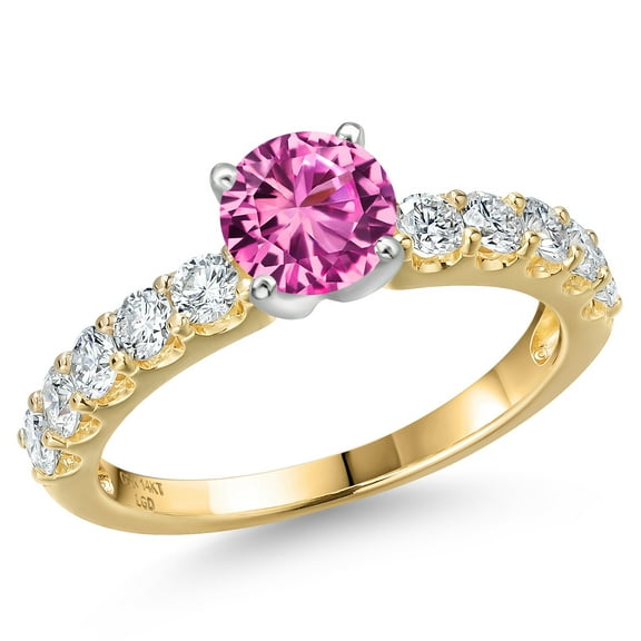 Gem Stone King 14K Two Tone Gold Pink Created Sapphire and Lab Grown Diamond Engagement Ring for Women | 1.20 Cttw | Round 5MM | Gemstone September Birthstone | Size 8