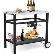 Bar Cart, Outdoor Grill Cart, Pizza Oven Stand, BBQ Prep Table with Wheels & Hooks, Side Handle, Double-Shelf Grilling Cart, Tabletop Griddle Cooking Station for Bar, Patio, Kitchen (Sliver)