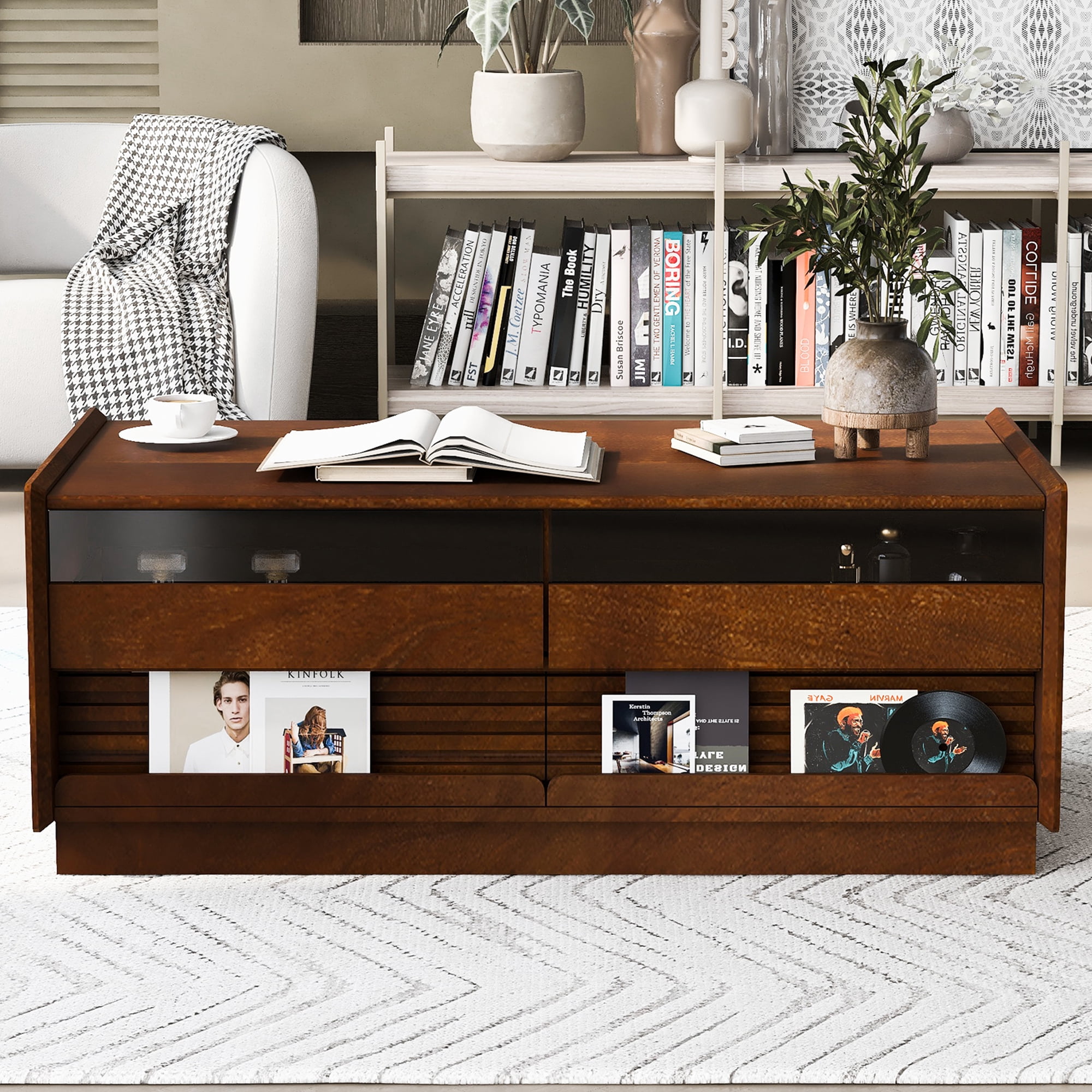 Euroco Vintage-Style Coffee Table with 4 Drawers and Open Shelves, Tempered Glass Drawer Fronts, MDF Wood Frame – Modern Living Room Storage Table, Easy Assembly