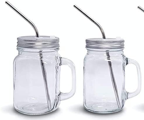 Set of 2 GFSmart Glass Mason Jar Beverage Cups Drink Cup with Stainless Steel Lid 30 oz Straw Included Clear 