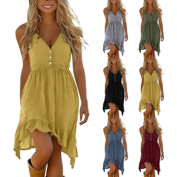 Ladies' Cotton Linen Button Down Sleeveless Dress Ruffle Hem Asymmetric Hemline Solid Color Summer Yellow