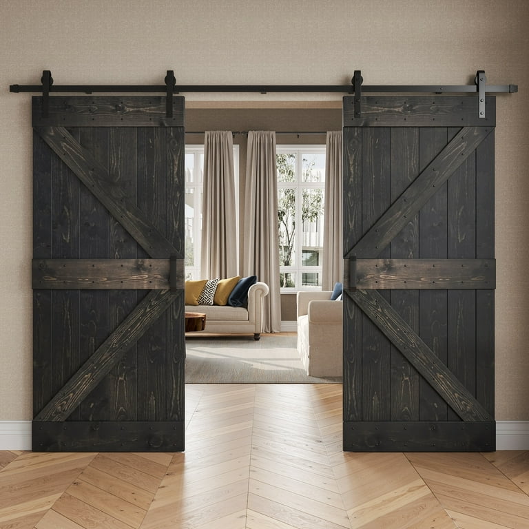 72 in x 84 in K Series Dark Walnut DIY Finished Knotty Pine Wood Double Sliding Barn Door Slab with Hardware Kit 72 in x 84 in K Series Dark Walnut DIY Finished Knotty Pine Wood Double Sliding Barn Door Slab with Hardware Kit