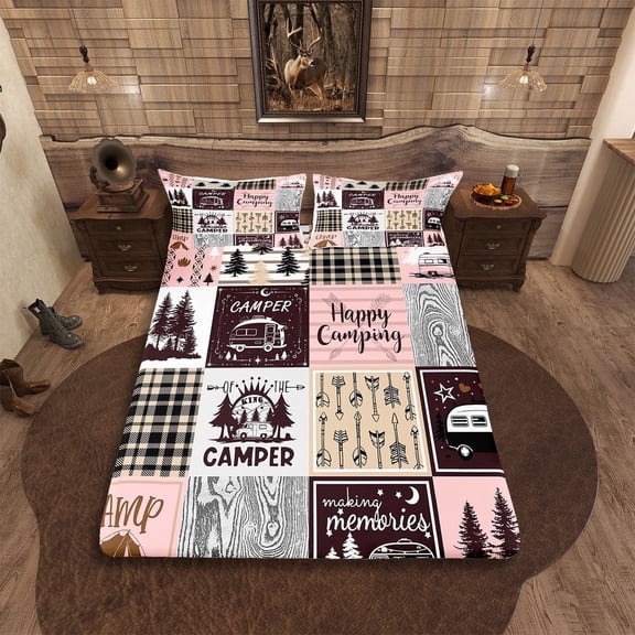 Erosebridal Camping Twin Bed Sheets,Pink Camper Girls Sheet Set For Bunk,Rv Decor Bedding Set For Travel Trailers Rustic Farmhouse Buffalo Plaid Fitted Sheet Flat Sheet 1 Pillow Case