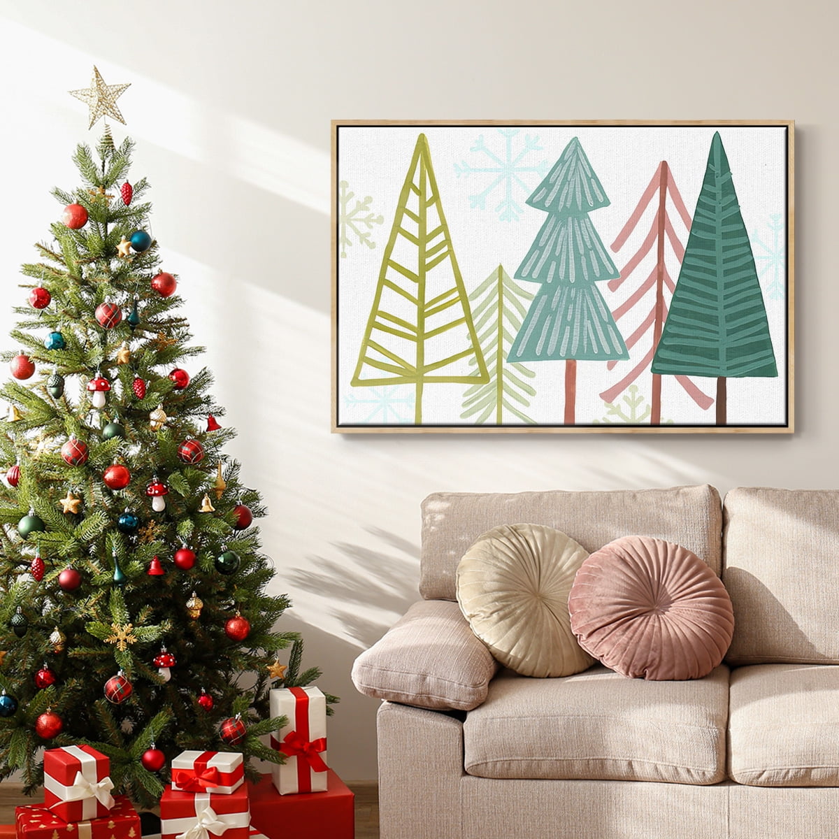 Modern Holiday Collection A - Framed Gallery Wrapped Holiday Canvas - 25 x 37 - Natural Wood Frame
