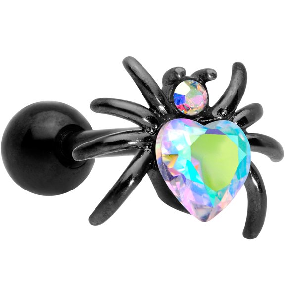 Body Candy 16G Womens Black Plated Steel Aurora Accent Heart Spider Cartilage Earring Helix Tragus 1/4"