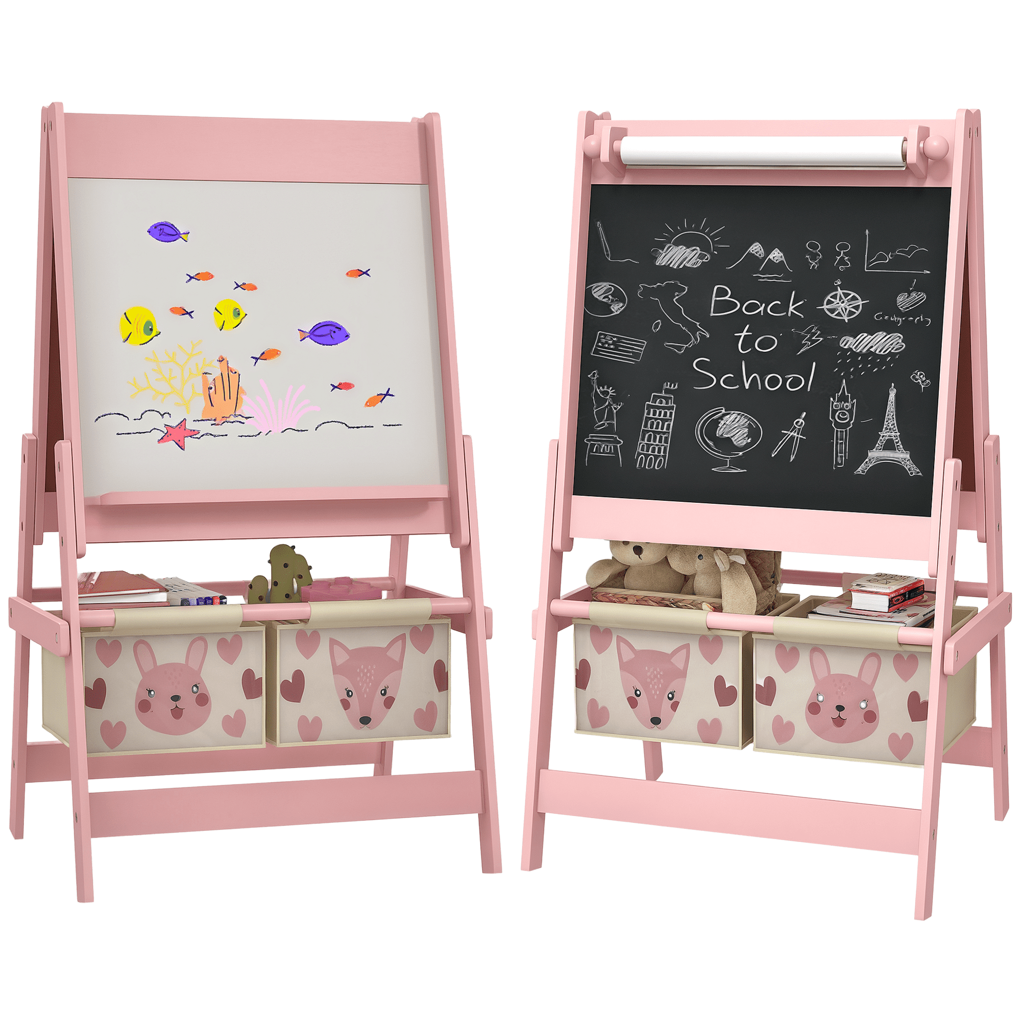 Qaba Art Easel for Kids with Paper Roll, 3 in 1 Toddler Painting Easel with Blackboard, Whiteboard, Storage Baskets, Pink