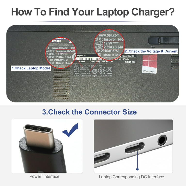 Chargeur USB-C pour ordinateur portable 45 W pour adaptateur Dell : Dell  XPS 13 9360 9365 9370 9333 9380 Inspiron 14 7437 Latitude 7390 2 en 1 