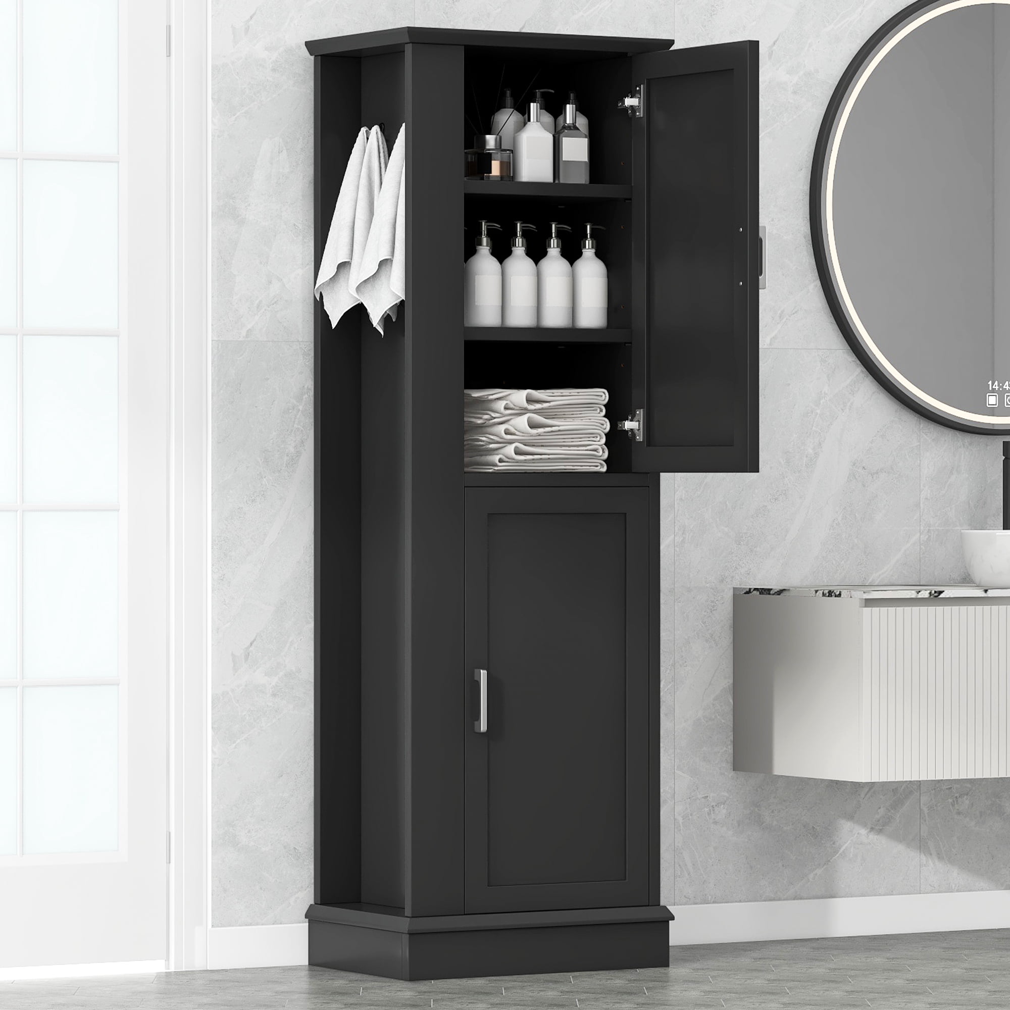 Harper & Bright Designs Tall Bathroom Storage Cabinet Doors and Hook, Modern Freestanding Cabinet with Adjustable Shelves for Bathroom, Black