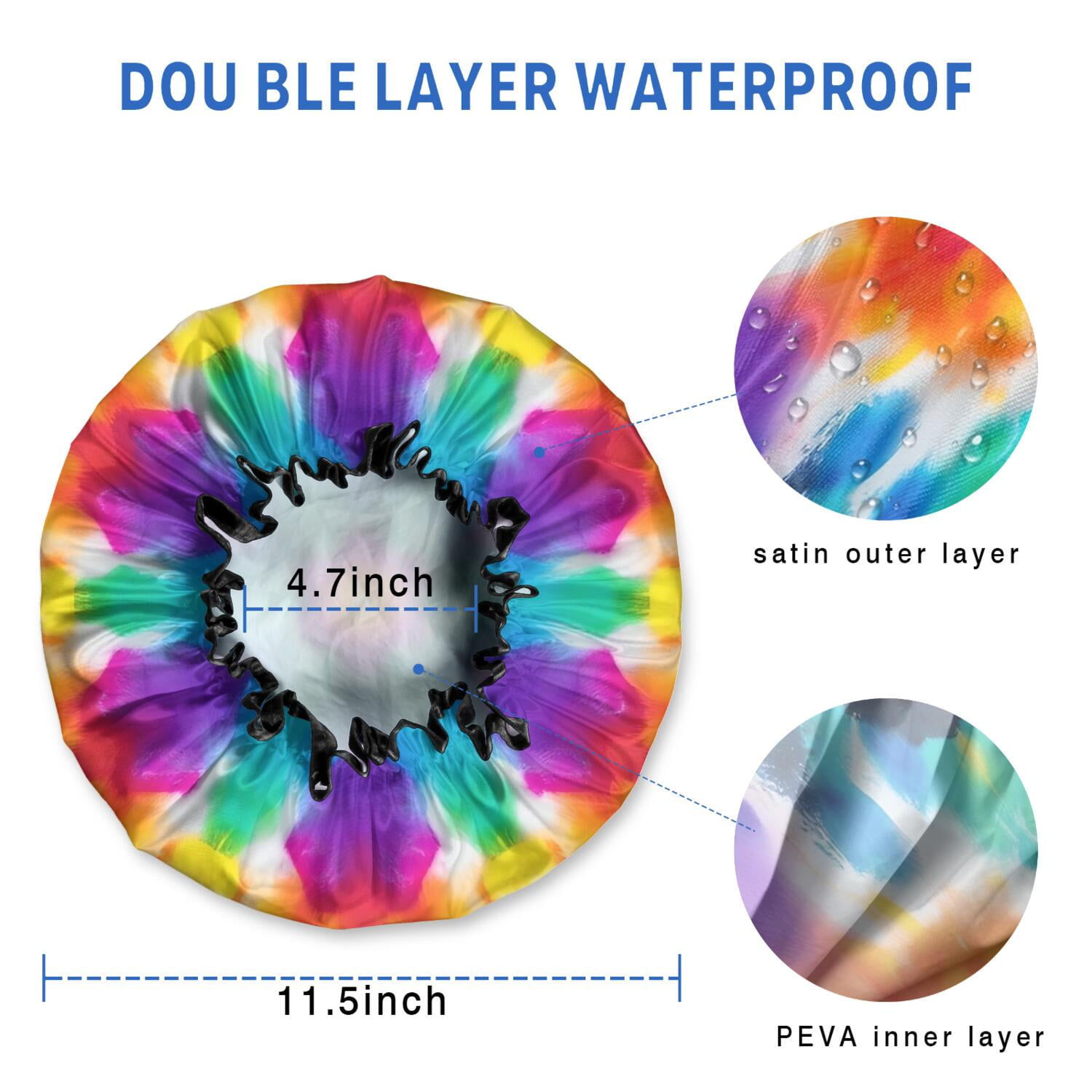 Shower Caps,Colorful Rainbow Tie Dye Spiral Pattern Waterproof Shower Cap for Women 4 Pieces,Double Reusable Hair Cover for Shower PEVA Elastic Stretch Hem