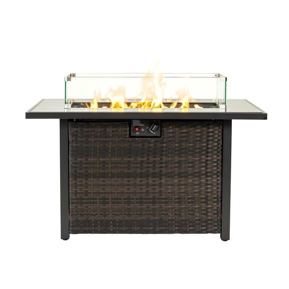 44" Propane Fire Pit Table, 50,000 BTU 2-in-1 Gas Fire Table with Tempered Glass Top, Wind Guard & Lid, Brown Rattan Patio Heater