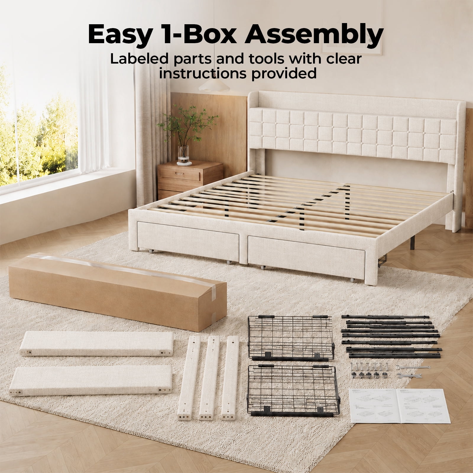 Alvantor Upholstered Bed Frame with 2 Storage Drawers and Fabric Headboard, Full Size, Heavy Duty Metal Platform, Easy Assembly