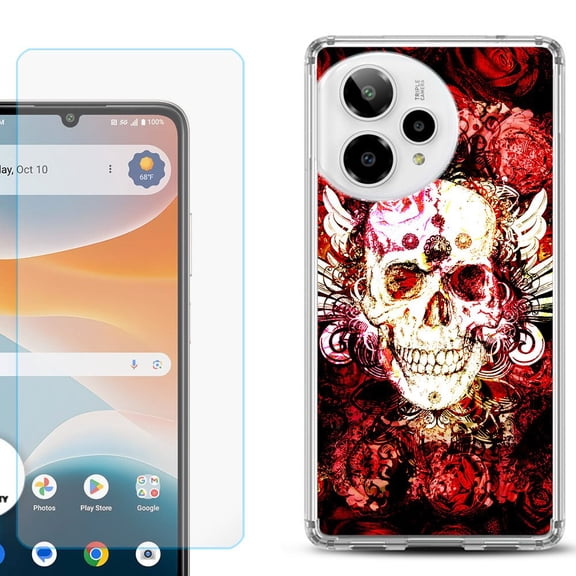 Phone Case for Cricket Icon Pro 2026, with Screen Protector, by OneToughShield - Rose Skull