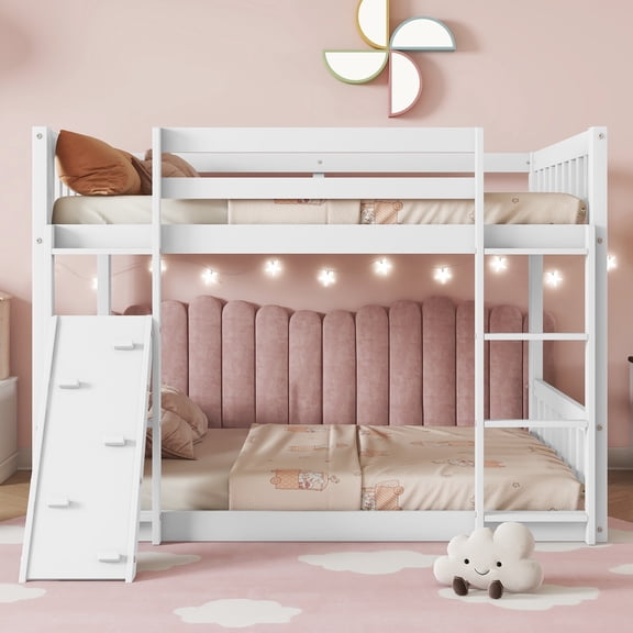 Leumius Twin Over Twin Floor Bunk Bed, Playhouse Floor Bunk Bed with Climbing Ramp, Ladder, Safety Guardrails for Boys Girls White