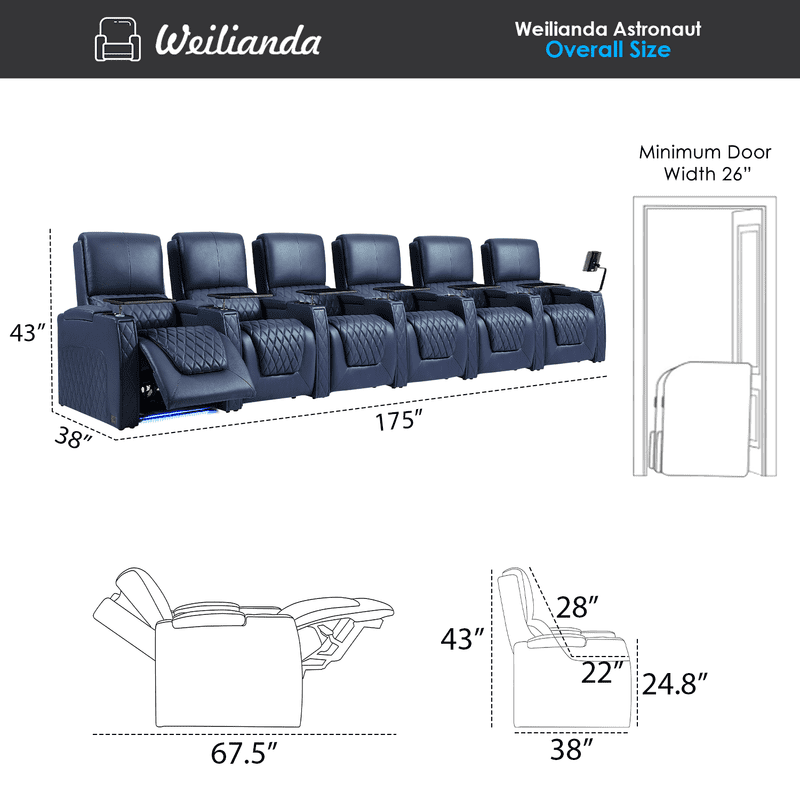 Weilianda Astronauts Reclining Sofa Electricity Recliner Zero Gravity Chair Top Grain Leather Movie Chair Gaming Sofa with Tray Table USB Charging Cup Holders,Row of 6 Blue