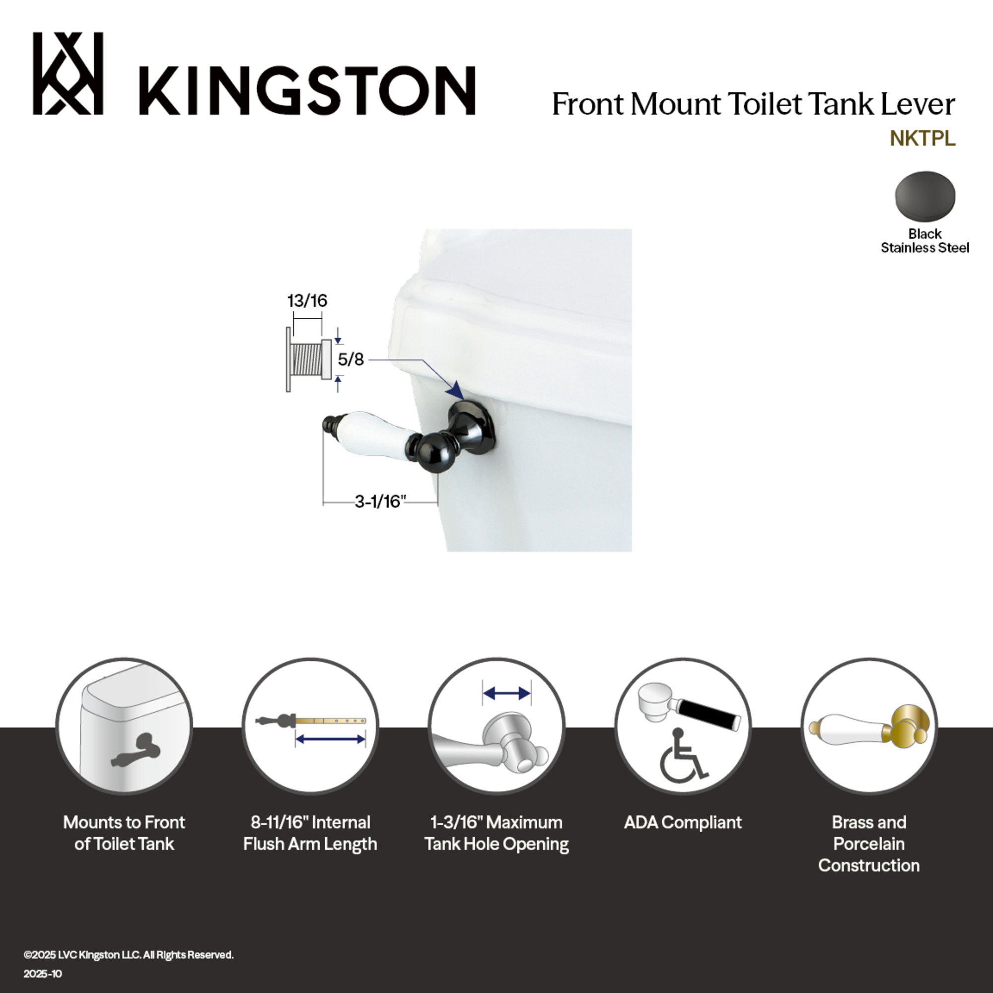 Kingston Brass NKTPL Front Mount Toilet Tank Lever, Left/Right Installation in Black Stainless Steel