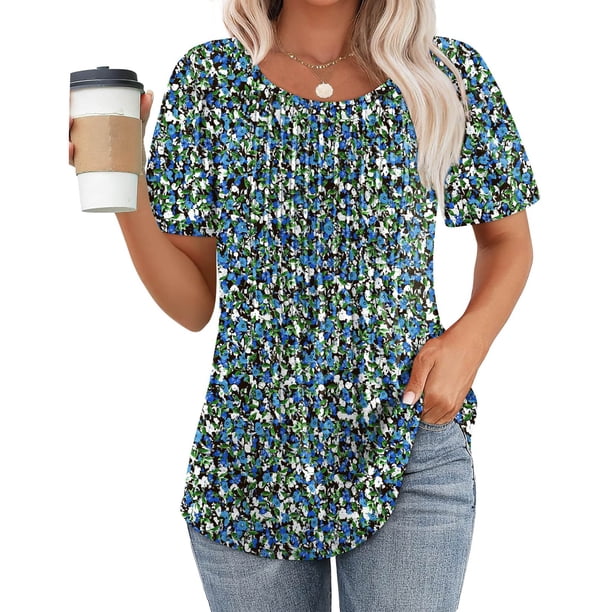 Fiudx Ofertas Del Día Camiseta Casual de Manga Corta con Cuello Redondo y Estampado Floral para Mujer
