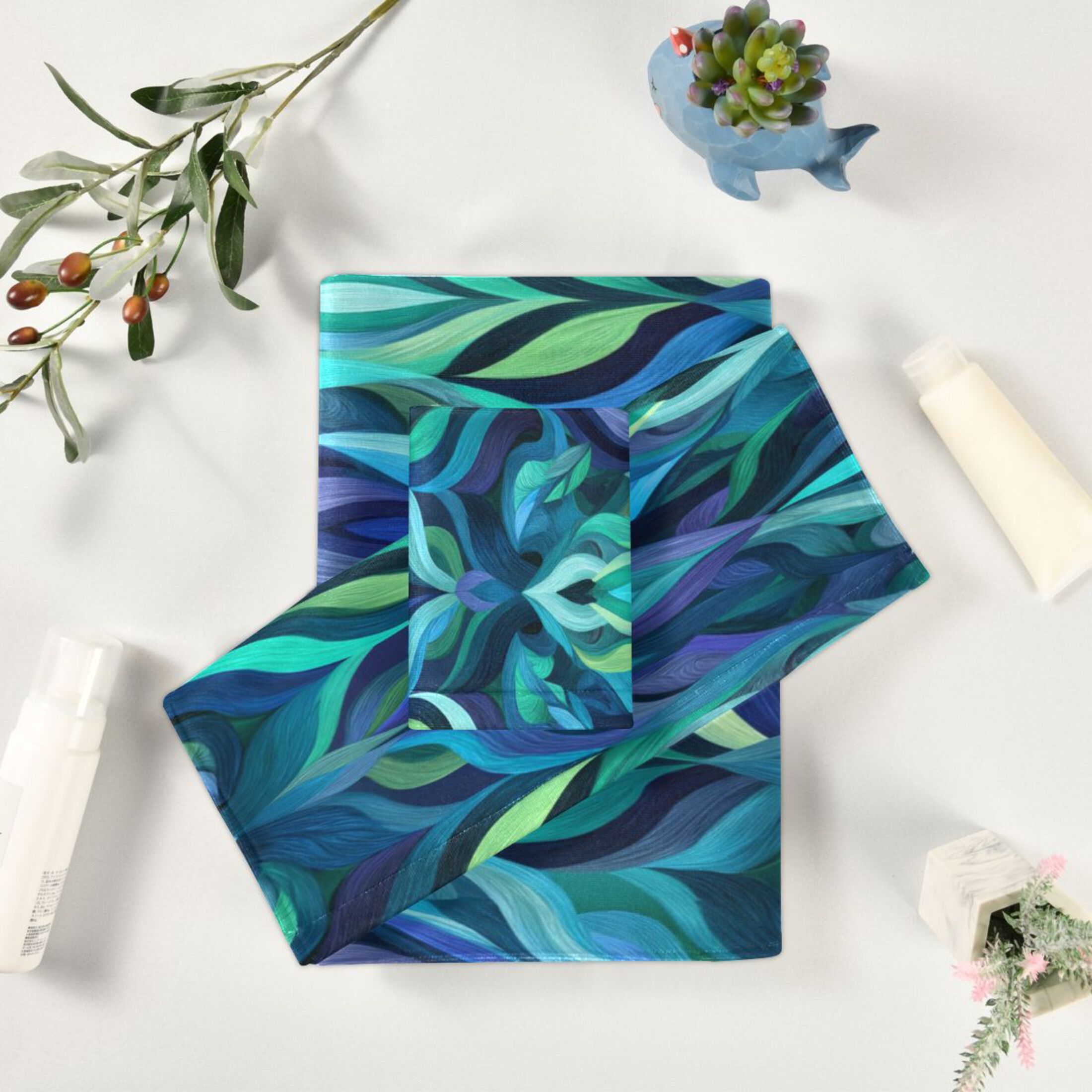 3 Piece Bath Towels Set Bath Towel, Hand Towel and Face Towel for Bathroom, Gym, Hotel Elegant Blue Abstract Shapes