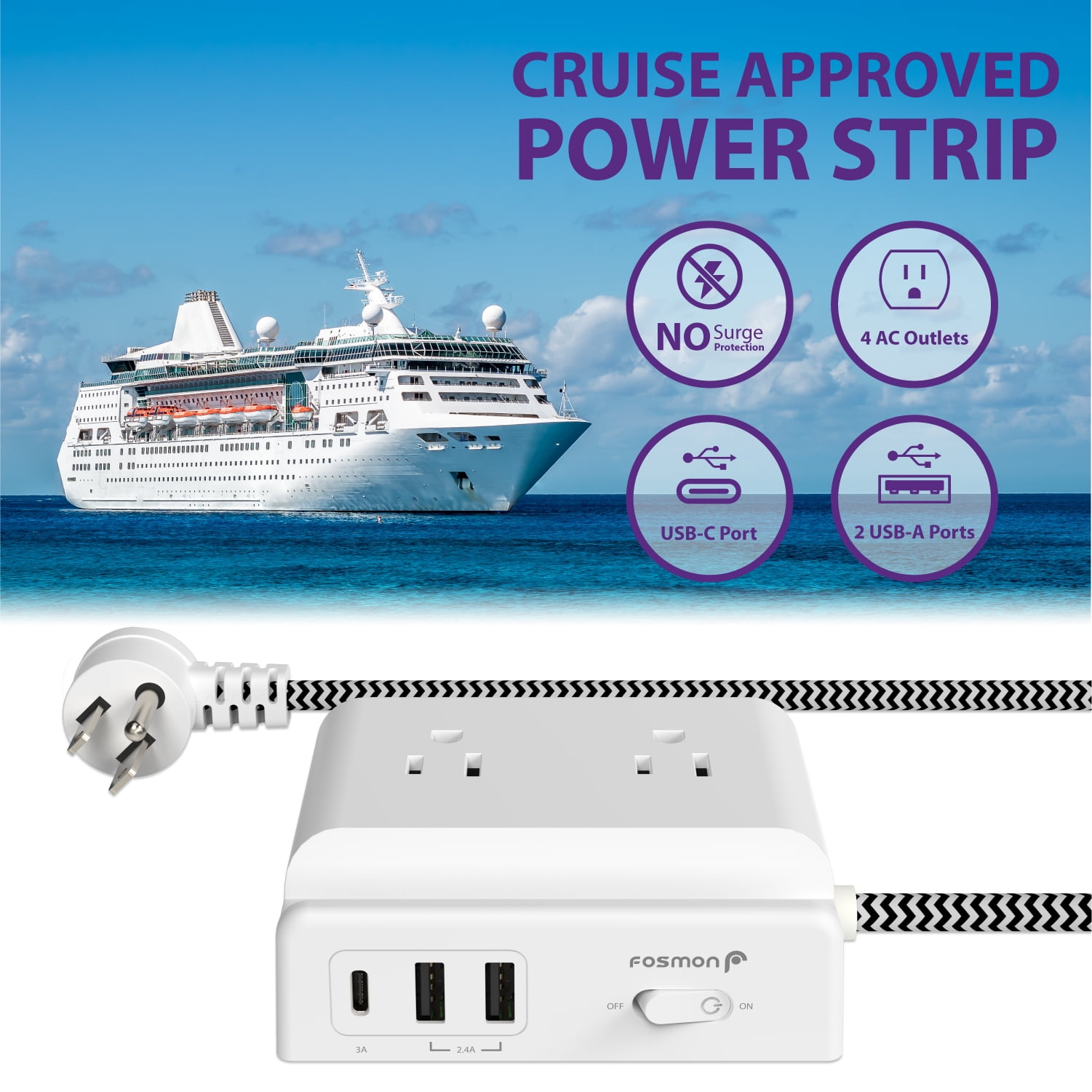 Fosmon 2-Pack Desk Power Strip With USB C, 4 Outlets+3 USB Charger Charging Outlet, Desktop USB Power Station, 5ft Braided Extension Cord for Travel, Cruise Ship, ETL Listed