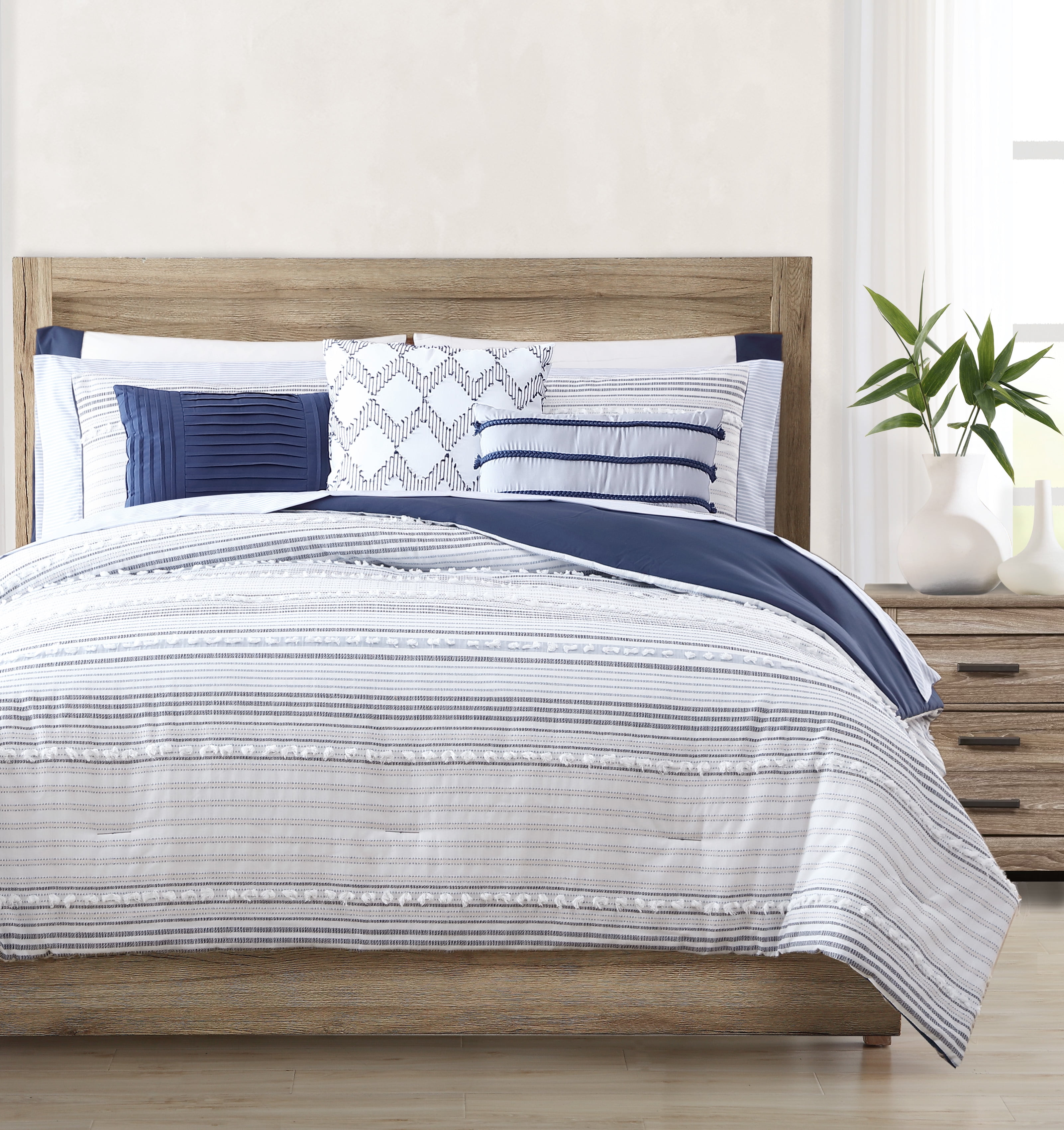 Better Homes & Gardens, Miles Stripe Queen Comforter Set, Blue/White
