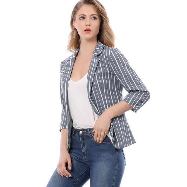 Blazer De Solapa Con Muescas Y Mangas 3/4 A Rayas Para Mujer Azul L